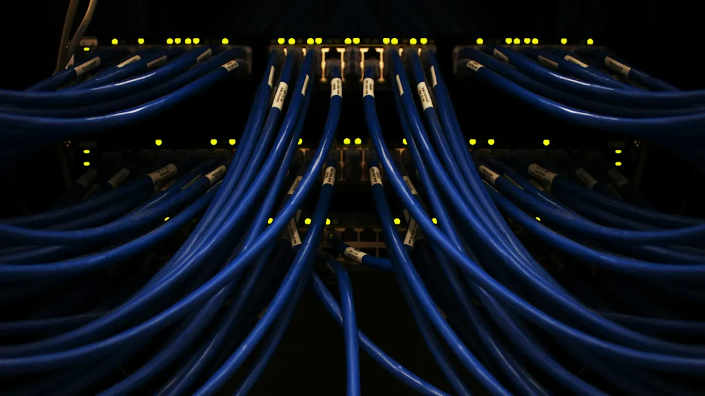 Blaue Netzwerkkabel führen zu Anschlüssen eines Netzwerk-Switches in einem Rechenzentrum.